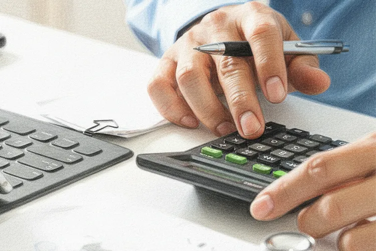 電卓で見積を計算する男性